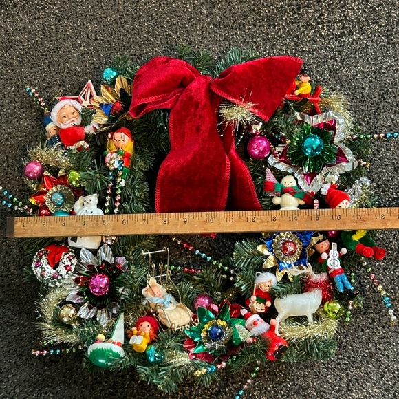Vintage repurposed Festive Holiday Wreath with Red Bow - Picture 13 of 14
